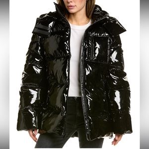 The Kooples BLACK OVERSIZED VINYL DOWN JACKET WITH STRAPS AND LOGO